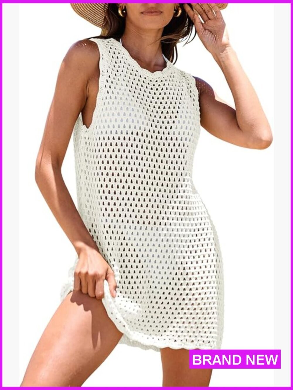 Crochet Knit Beach Dress Sleeveless Cover Up Mini Summer Relaxed Fit